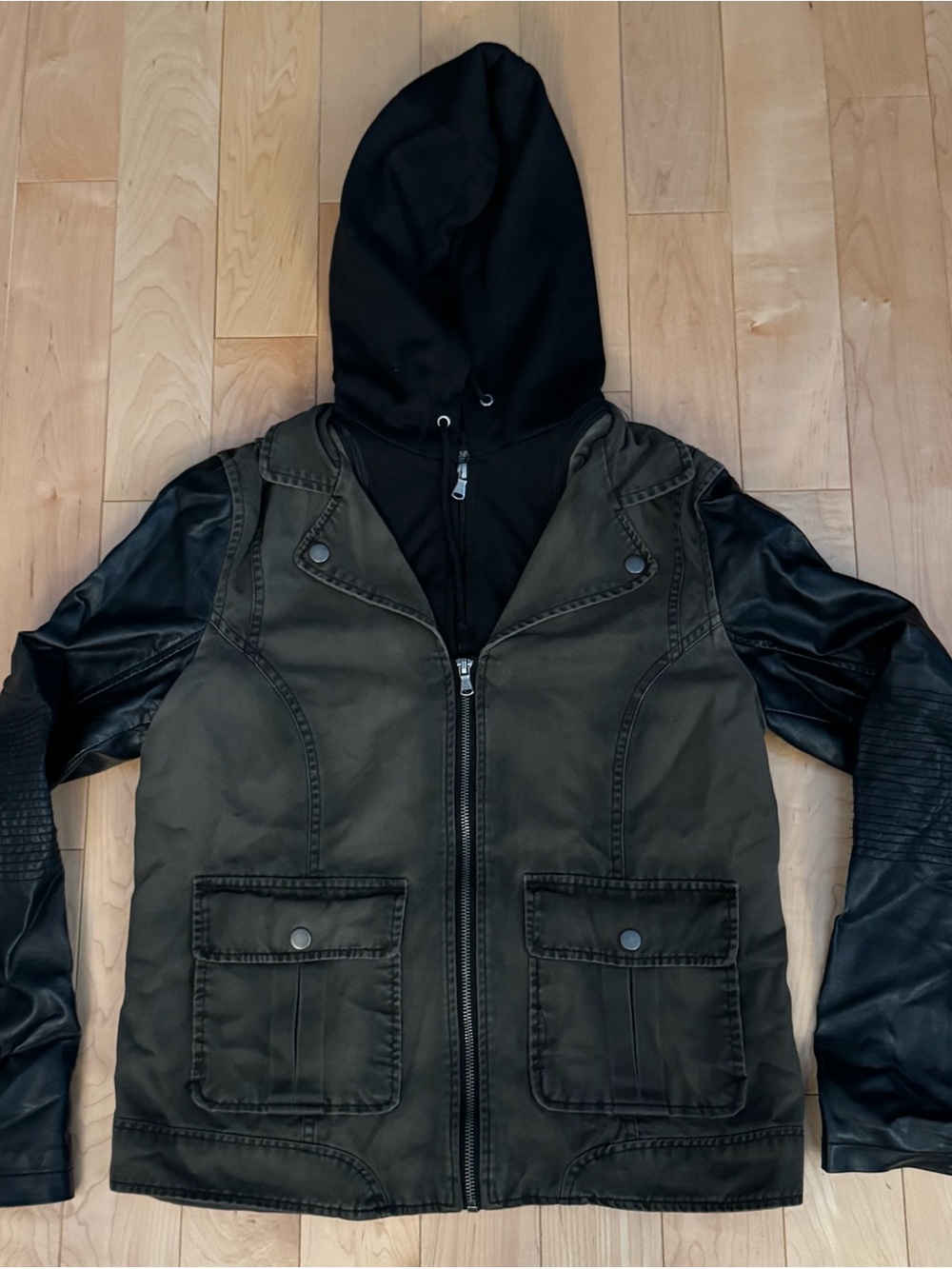 Kenneth Cole Reaction Olive & Black Mixed-Media Hooded Jacket